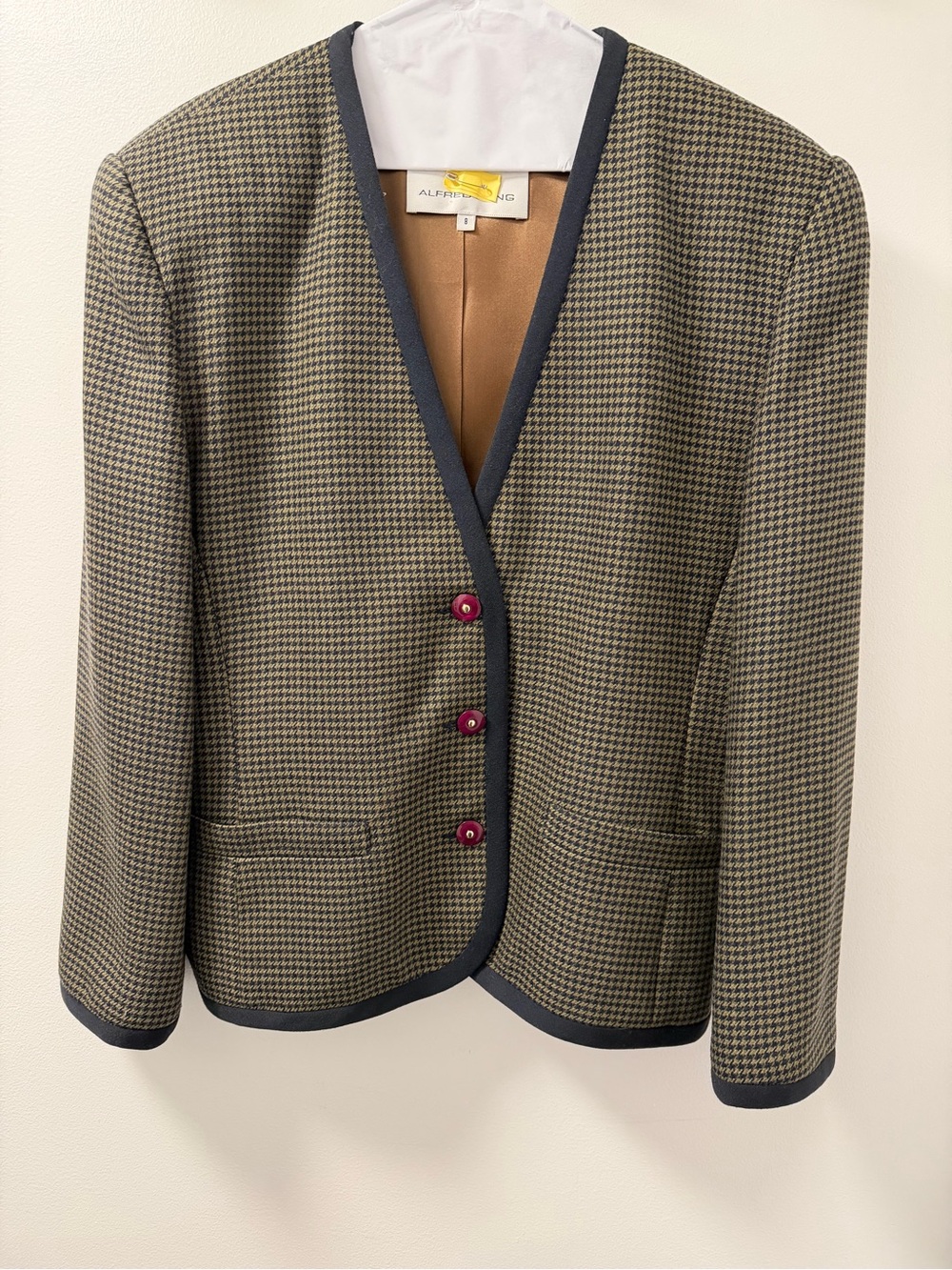 Vintage Olive Green/Navy Trim ALFRED SUNG Pure Virgin Wool Houndstooth Blazer